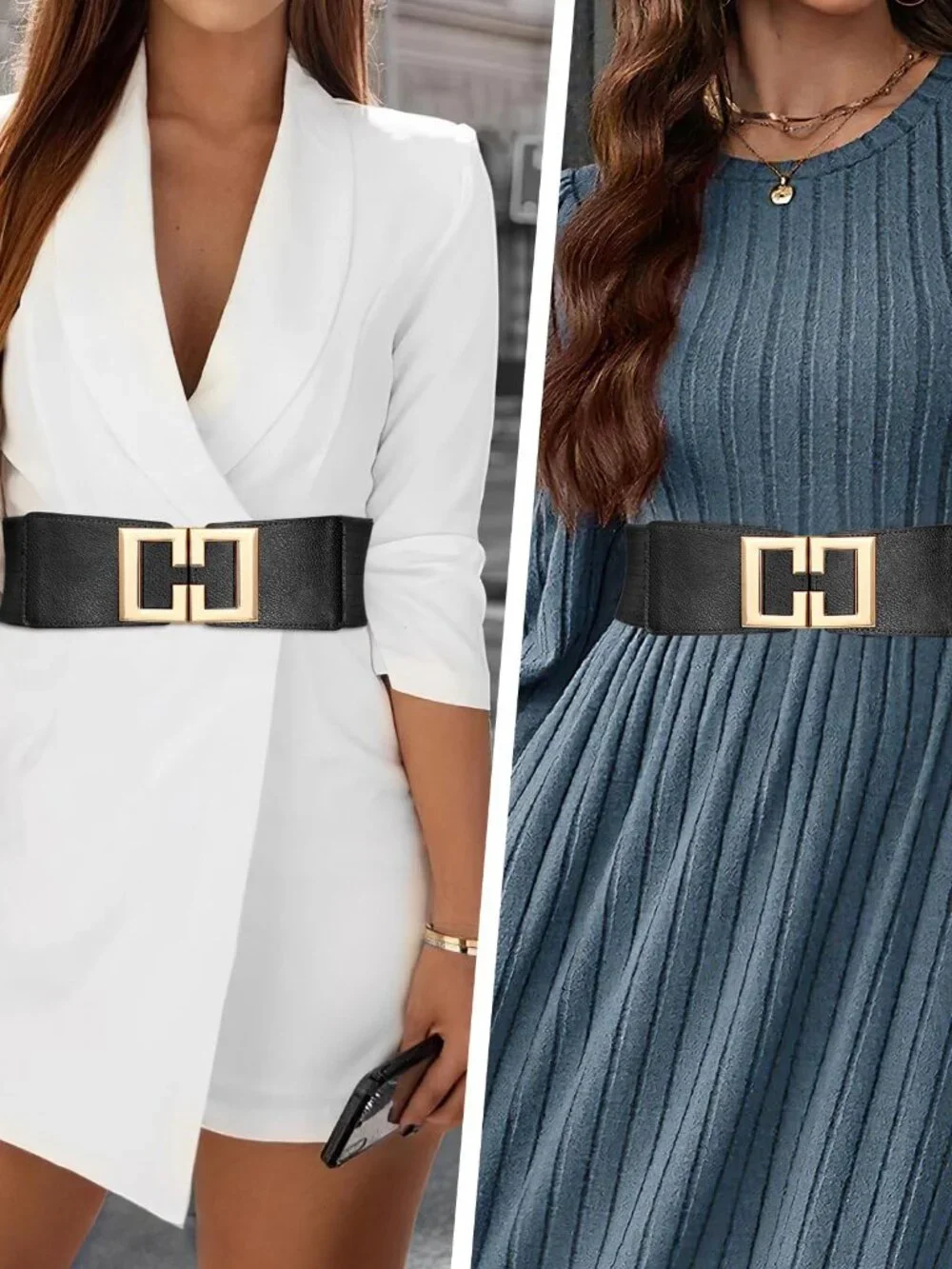 Wide Elastic Belts for Women Dresses Fashion Stretchy Waist Belt with Gold Buckl